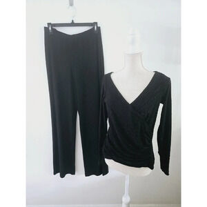 Tadashi Shoji Beaded Black Formal 2 Piece Pc Wide Leg Pants Slacks Blouse M S